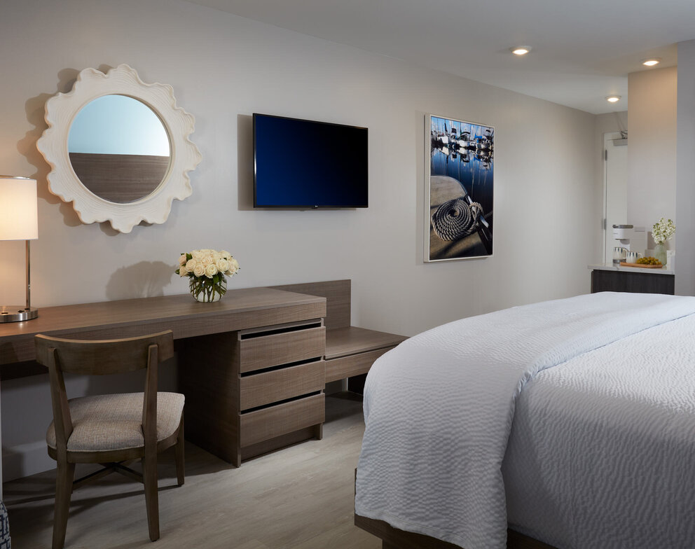 desk and bed at our jupiter beach hotel